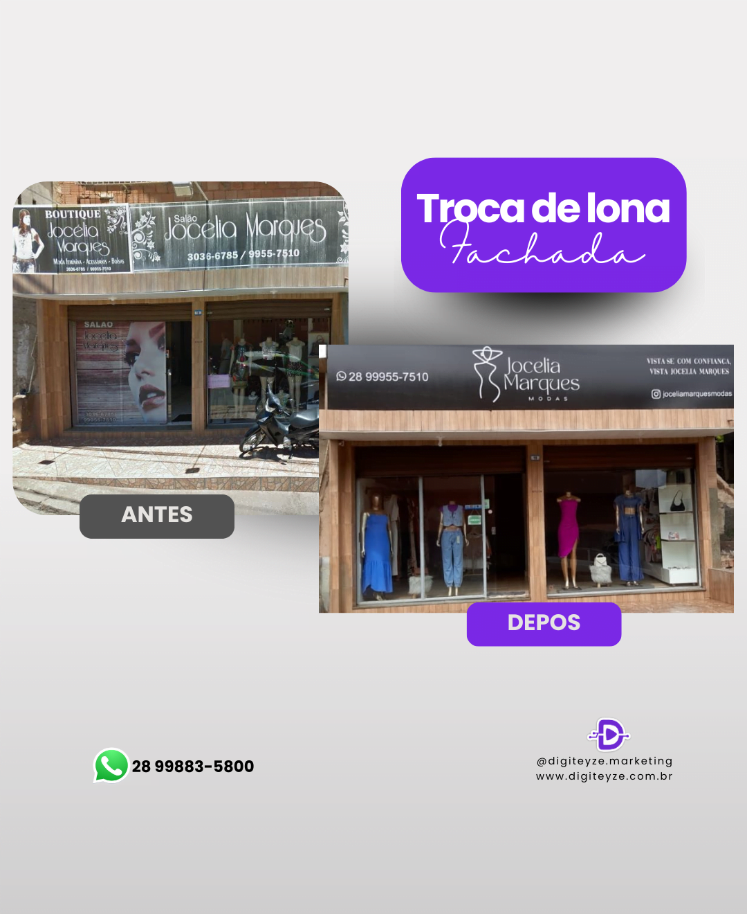 antes e depois troca de lona para fachada cominucação visual